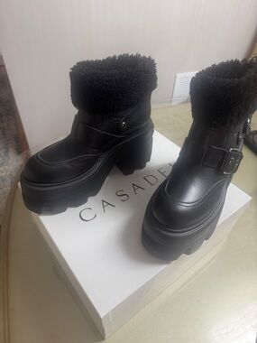 Casadei Black Platform Shearling-Cuff Ankle Boots with Buckle